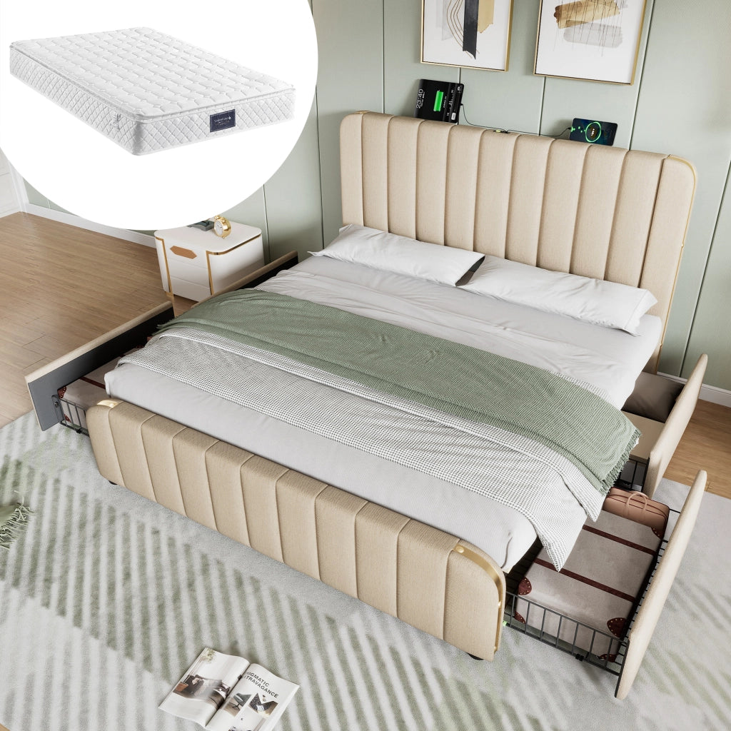 letto imbottito lino beige 160 x 200 cm