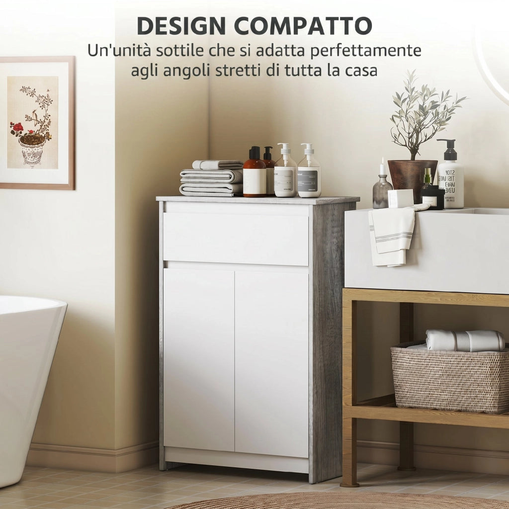 Mobile Bagno Autoportante 60x30x90 cm con Cassetto e Ante Doppie in Legno Grigio e Bianco