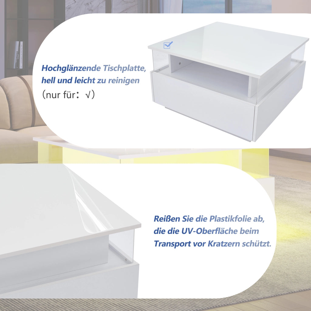 tavolino basso moderno con LED, due cassetti e area trasparente in truciolare bianco per soggiorno