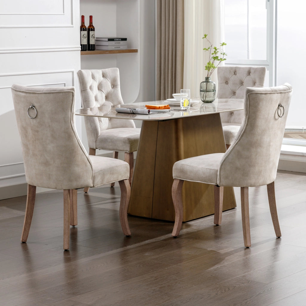 Sedie da Pranzo con Schienale Alto ¨C MINIMAL ¨C Set 4 Pezzi, Velluto Beige, Gambe in Legno Massello