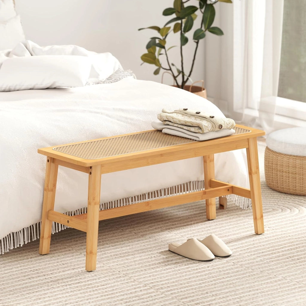 Panca d'Ingresso in Bambù, Sgabello da Pavimento con Seduta Traspirante in Rattan, Stile Rustico, 100x35x45 cm, Portata Fino a 300 kg, per Ingresso, Sala da Pranzo e Camera da Letto