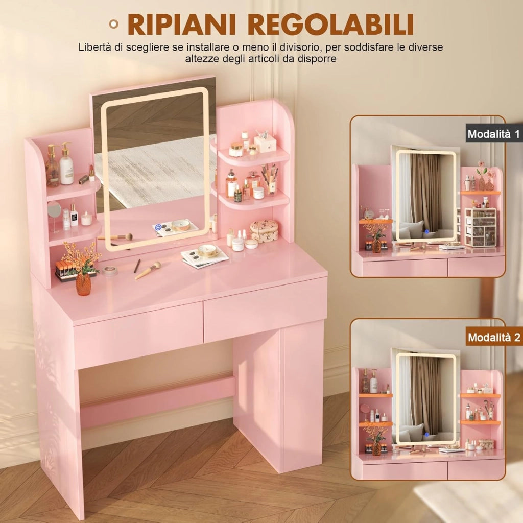 Toeletta Trucco con Luci LED 3 con Luminosità Regolabile,Tavolo da Trucco con Specchio, Ripiani Regolabili, 2 Cassetti, in Legno,Moderno (Rosa, 90cm)
