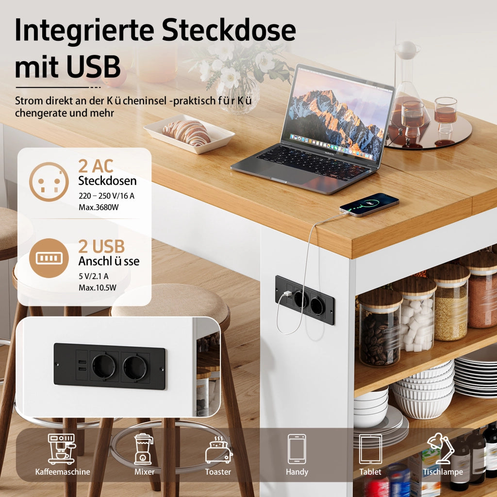 ISOLA DA CUCINA 155x80x90 cm Bianco MDF con LED, prese e vani aperti