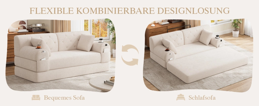 Divano letto 2 posti corduroy beige con schienale alto, tasche e porta bicchieri