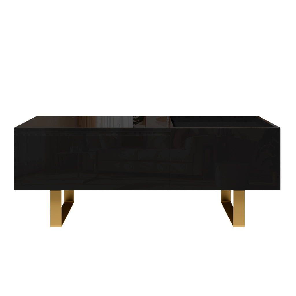 Tavolino lucido, con piano regolabile in altezza, in MDF, con cassetto, gambe in metallo, nero