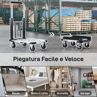 Carrello Portapacchi Pieghevole con Pedana Estensibile Capacità 150 kg in Metallo e Alluminio Argento