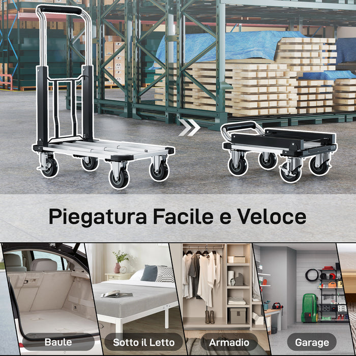 Carrello Portapacchi Pieghevole con Pedana Estensibile Capacità 150 kg in Metallo e Alluminio Argento