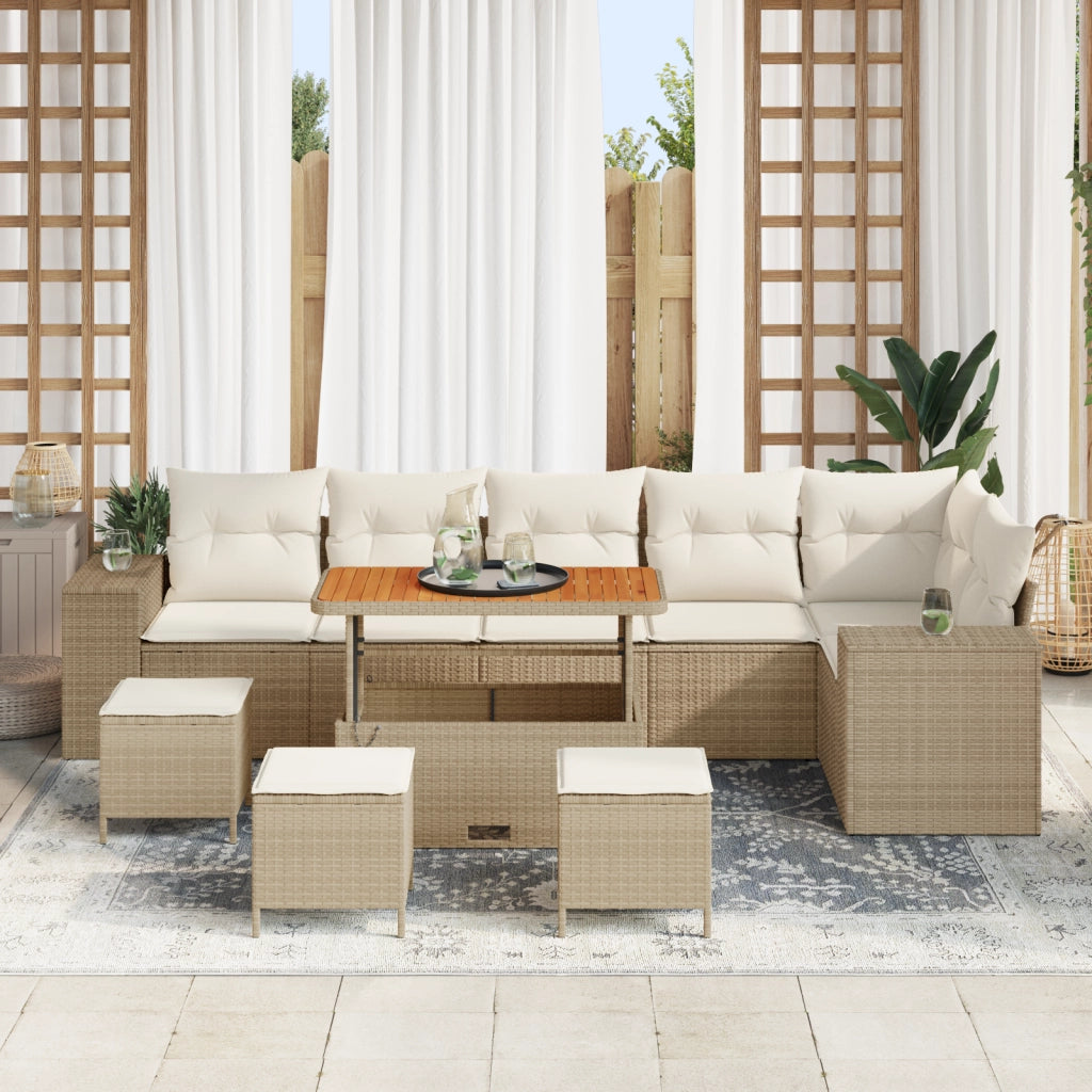Set Divano Giardino 10 Pezzi con Cuscini Beige Polirattan Acacia