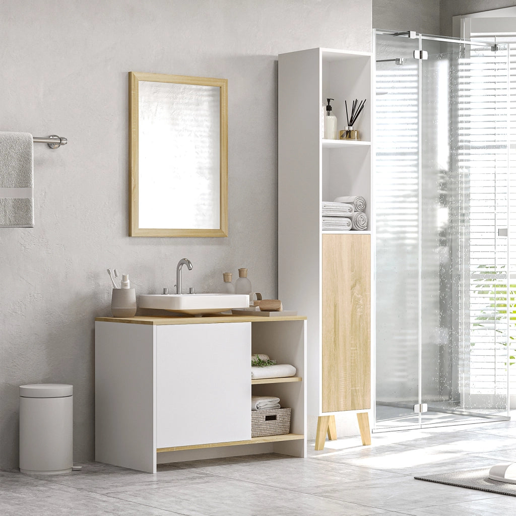 Mobile Bagno Sottolavabo con Armadietto e 2 Mensole in Legno, 77x45x60 cm, Bianco e Legno