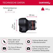 Obiettivo grandangolare fisso 12mm F2.0 APS-C per Sony E- APS-C, MF – Fotocamera Alpha 6600 6500 6400 6300 6100 6000 5100 5000 – nero