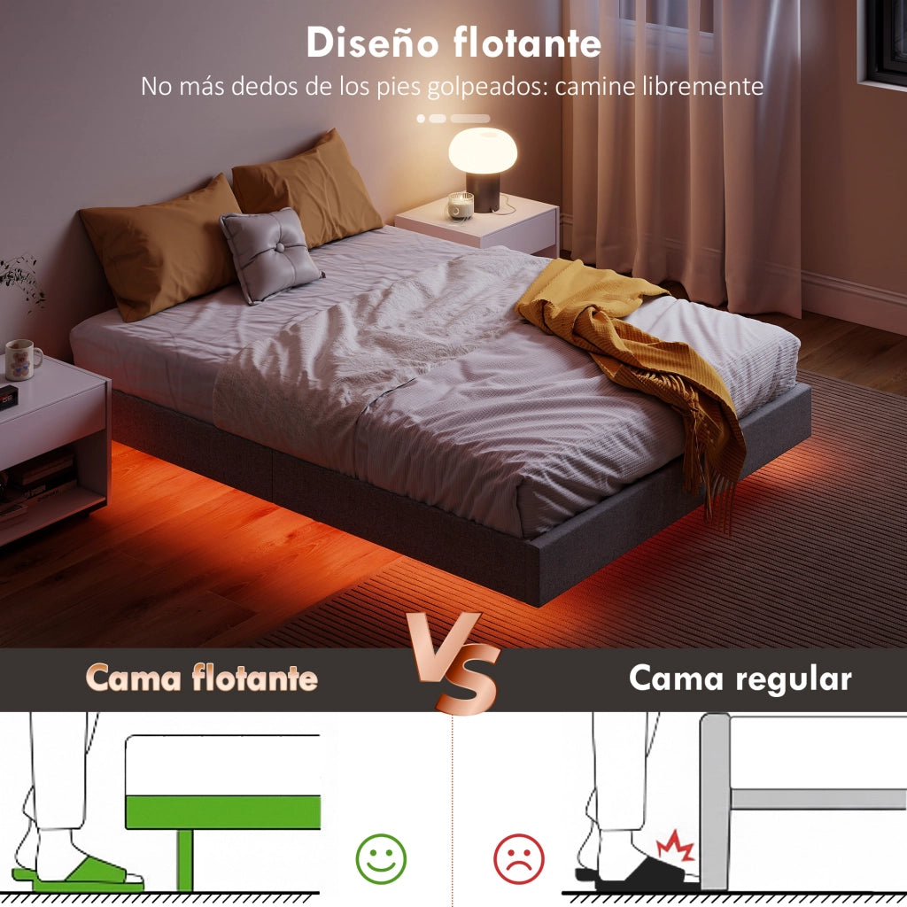 Letto Imbottito con Luci LED e Struttura in Legno ¨C Zephmum ¨C Grigio 140x190 cm