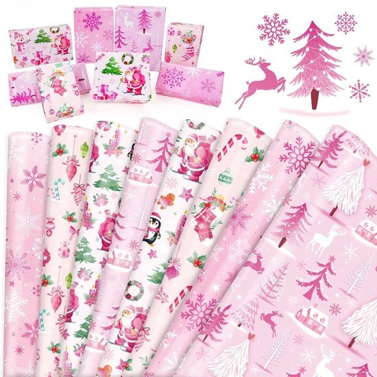 Pacco di carta da decorazione per Natale 8 fogli - carta da decorazione a catenella rosa - carta da decorazione per Natale - progetti di fai da te per bambini - festa di compleanno - feste invernali - 50 cm x 70 cm