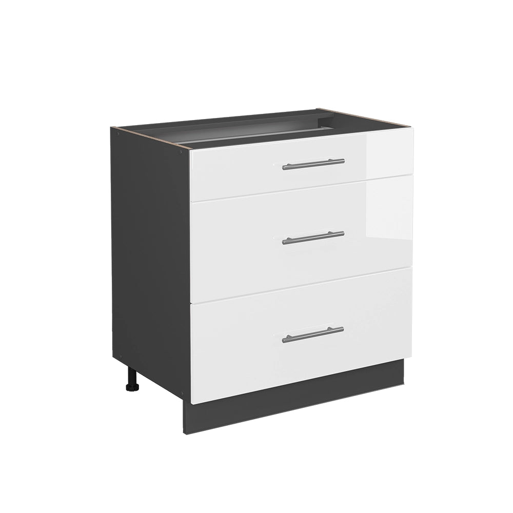 Mobiletto base per cucina Fame-Line Bianco lucido/Antracite 80 cm con 3 cassetti, senza piano di lavoro Vicco
