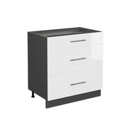 Mobiletto base per cucina Fame-Line Bianco lucido/Antracite 80 cm con 3 cassetti, senza piano di lavoro Vicco