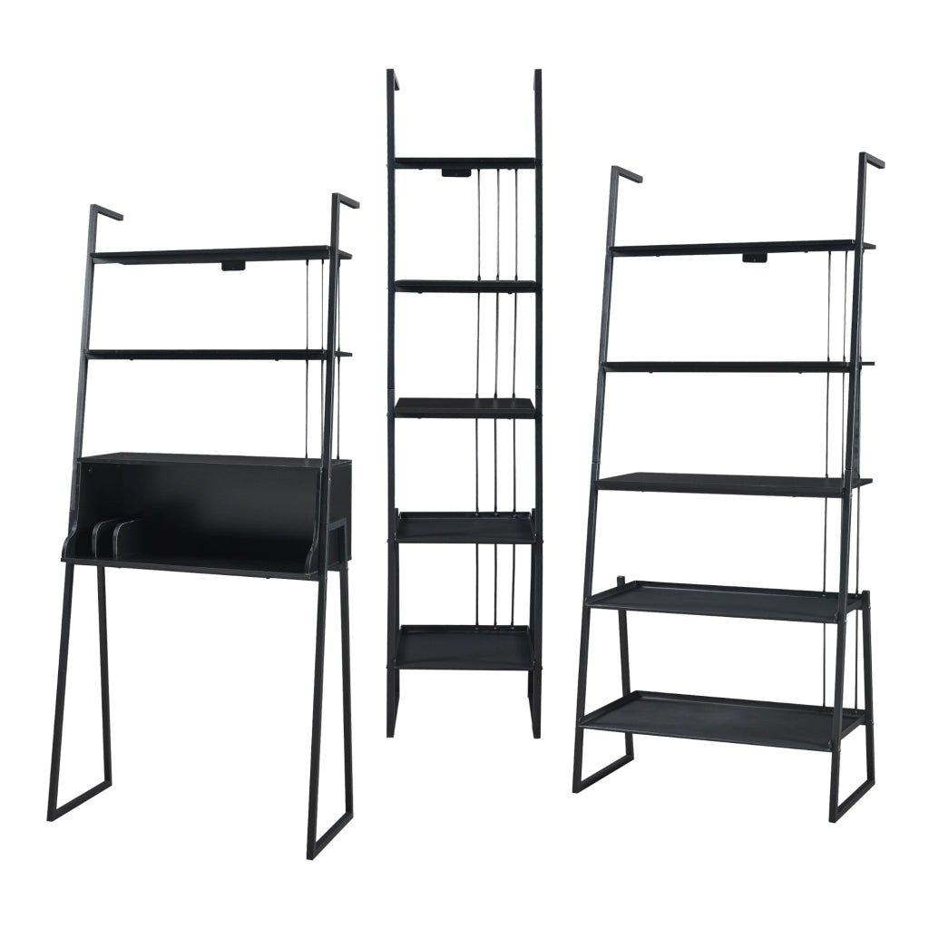 Set Storfjord Composto di Scrivania con Ripiani in Alto e 2 Scaffali a Scala - Nero [en.casa]