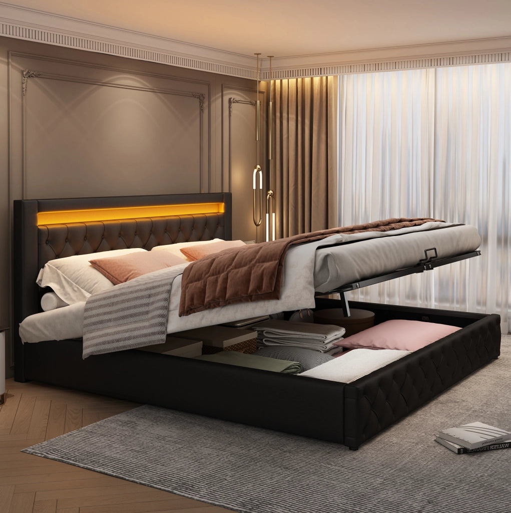 Letto matrimoniale 140x190 cm in PU nero con contenitore e LED HAVRYA