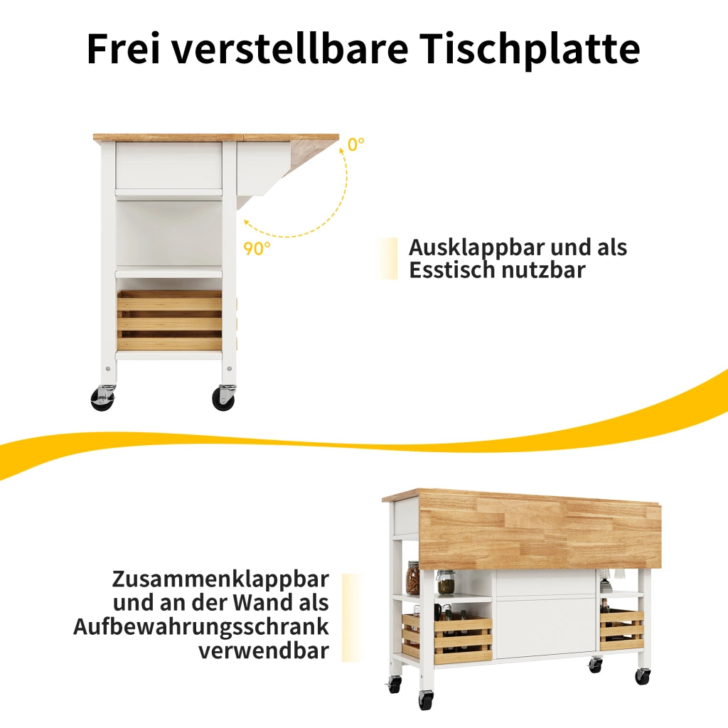 OKWISH Carrello da Cucina con 1 Cassetto, 1 Anta, Ripiano Regolabile, Piano Ribaltabile e Ruote, 120×45×90 cm