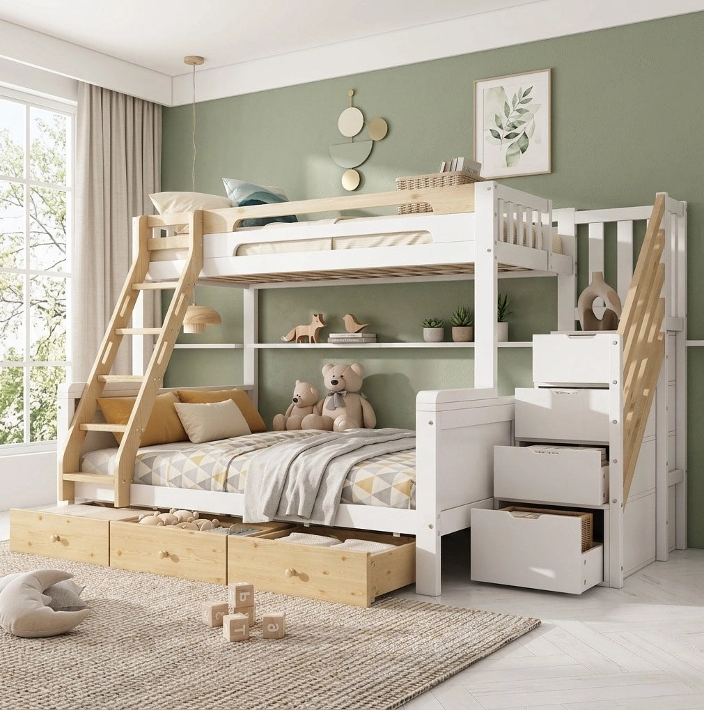 Letto a castello familiare 90x200/140x200 cm in legno bianco e naturale con scala contenitore