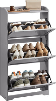 VASAGLE Scarpiera con 3 Scomparti a Ribalta, Scarpiera Salvaspazio, Divisori Regolabili, Portascarpe per fino a 12-20 Paia di Scarpe, Ingresso Corridoio, 24 x 60 x 121,2 cm, Grigio Tortora LBC036GD01