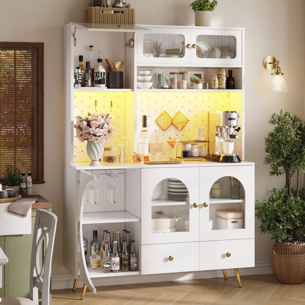 OKWISH Credenza alta da cucina, 2 ante, 1 cassetto e vani aperti, LED e prese integrate, MDF, 120 x 40 x 176 cm