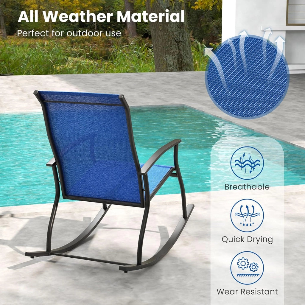 Set di 2 sedie a dondolo per giardino, sedie a dondolo da esterno, con schienale ergonomico e sedile traspirante, tessuto resistente all'usura, per terrazza, patio, piscina, colore blu