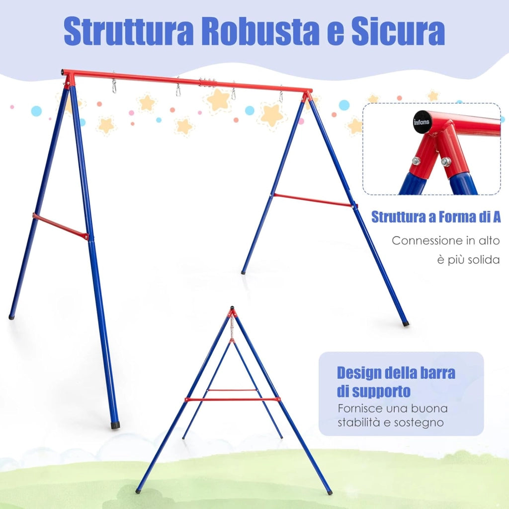 Supporto per Altalena a Telaio Girevole, Telaio per Altalena a Forma di A con Tappo Antiscivolo in Metallo, Supporto per Altalena Bambini a 2 Posti, Portata di 250 kg