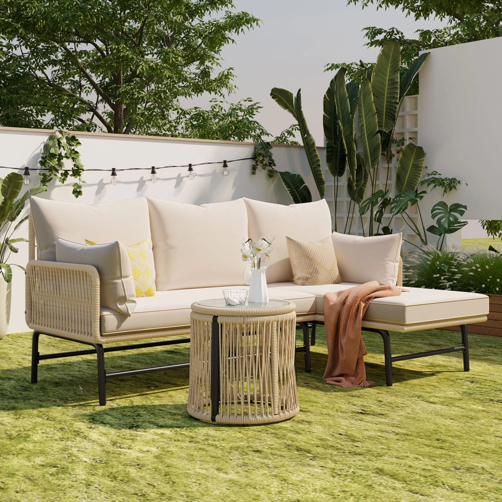 Set giardino: metallo + corda beige; sedute L + tavolo; uso esterno