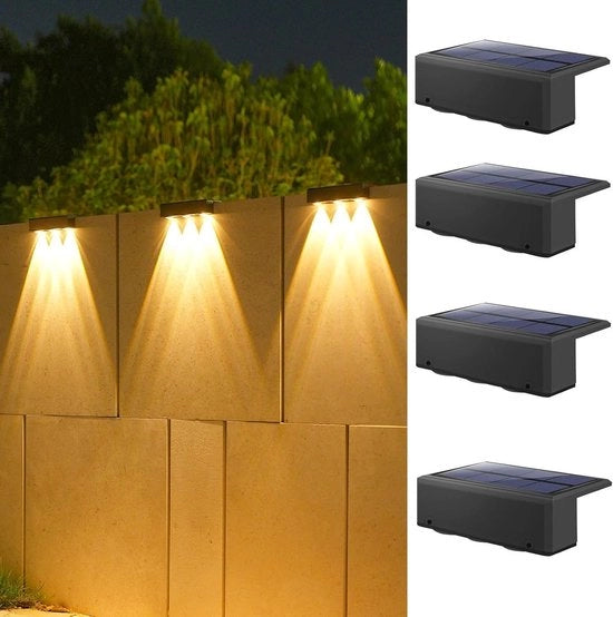 4 pezzi di lampade solari per chiusura di cancelli all'aperto con 2 impostazioni di luce: alta e bassa, lampade LED all'aperto con protezione IP65, acqua e polvere resistente, adatte per esterni, giardino, ringhiera, scala, piscina, terrazza e muro.