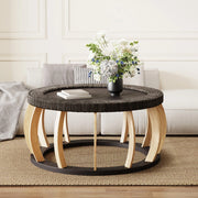 Tavolino da Caff¨¨ Rotondo in Legno Massello e Rattan ¨C MINIMAL ¨C Gambe Curve, Nero Marrone