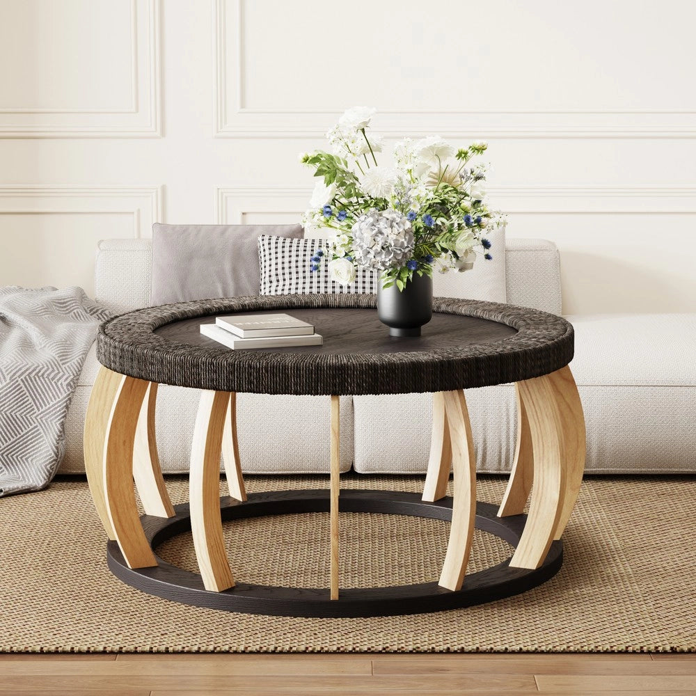 Tavolino da Caff¨¨ Rotondo in Legno Massello e Rattan ¨C MINIMAL ¨C Gambe Curve, Nero Marrone