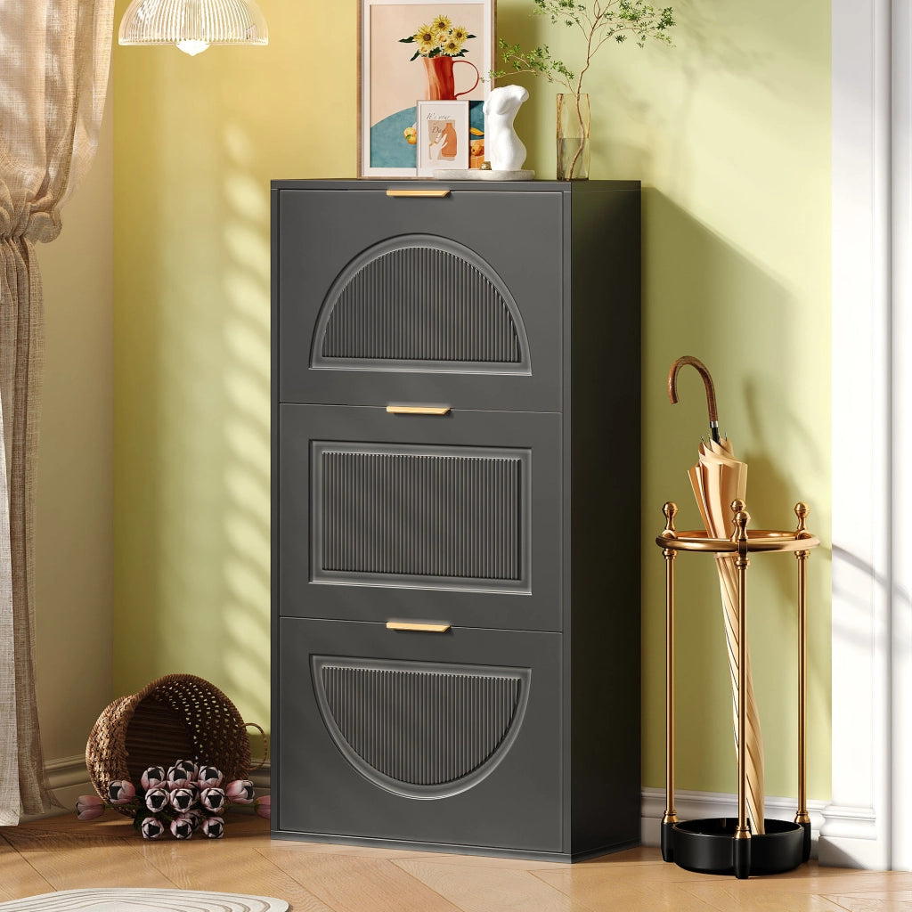OKWISH Scarpiera Streta con 3 Ante a Ribalta e Sistema Antiribaltamento, per Ingresso o Corridoio, 60 x 24 x 114 cm, Nero