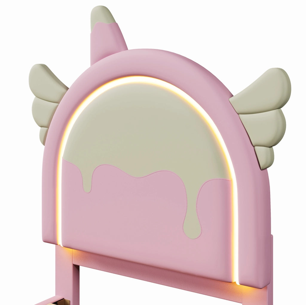 Letto imbottito 90x200 cm con barra LED; 2 cassetti; PU e MDF; rosa