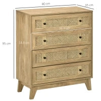 Cassettiera con 4 Cassetti e Inserti in Rattan Stile Boho, 80x35x95 cm, Legno Naturale