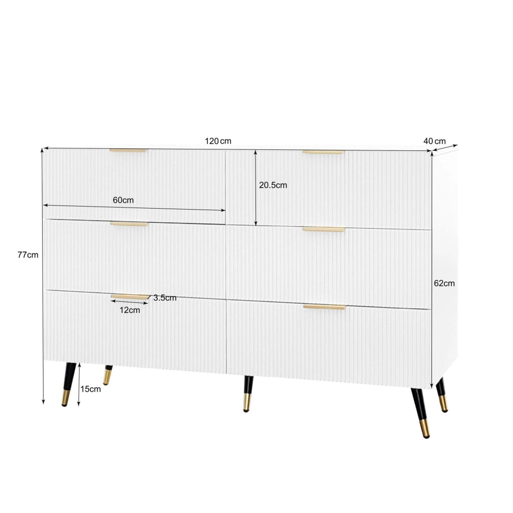Credenza moderna bianca 120 cm con 6 cassetti; in truciolare; con dettagli oro