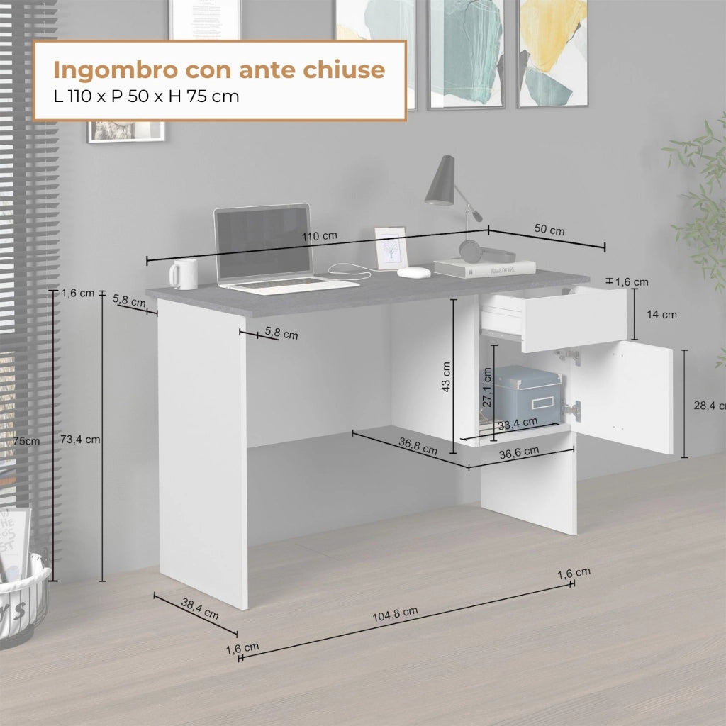 WHOUS Scrivania Easy 1 anta e 1 cassetto report e bianco opaco 110x50x75 cm
