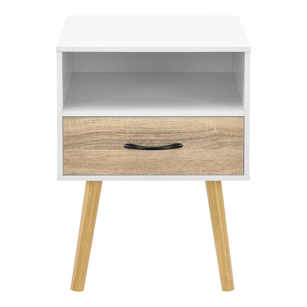 Comodino Gävle con Cassetto e Scomparto Aperto - Bianco / Effetto Rovere [en.casa]