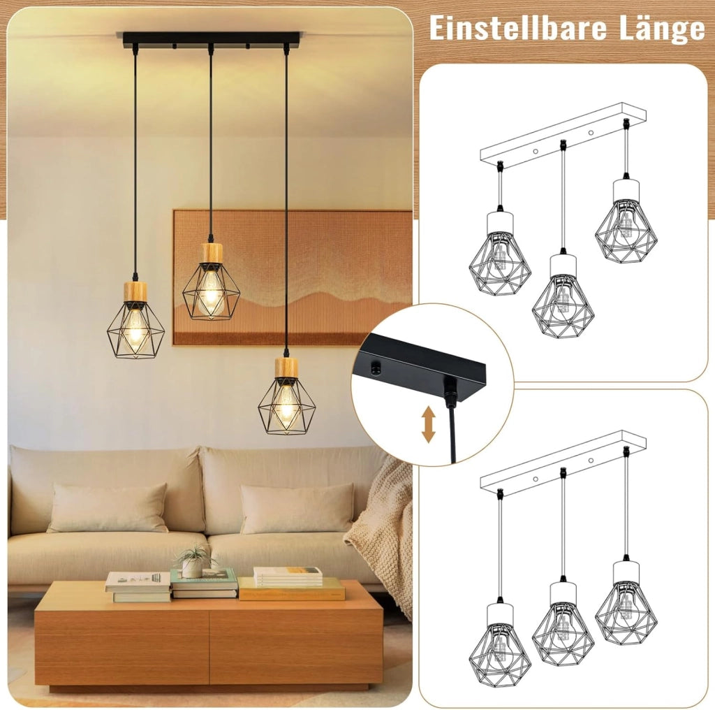 Lampada a sospensione ZMH 3 fiamme vintage nera in metallo E27 senza lampadina