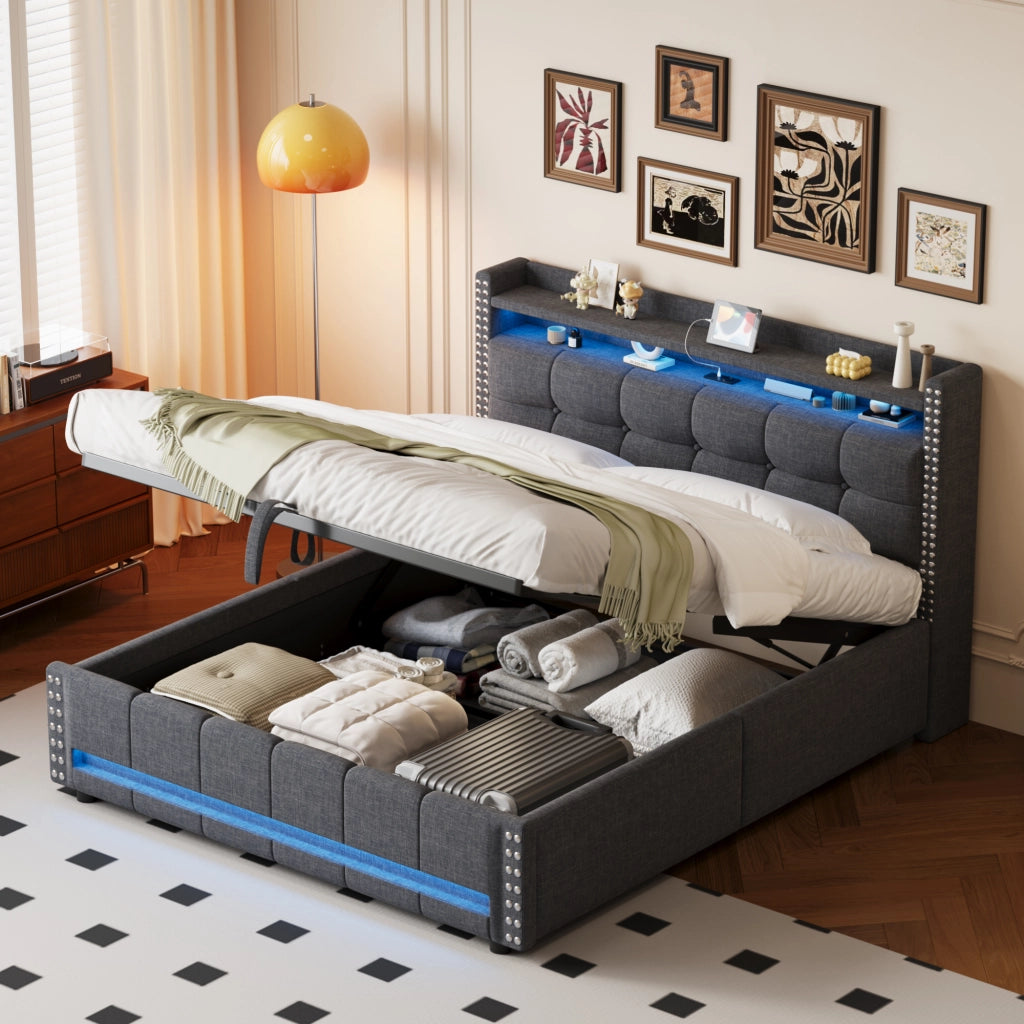 Letto Matrimoniale 160x200 cm; Letto Contenitore con USB; LED e Mensole in Tessuto Grigio