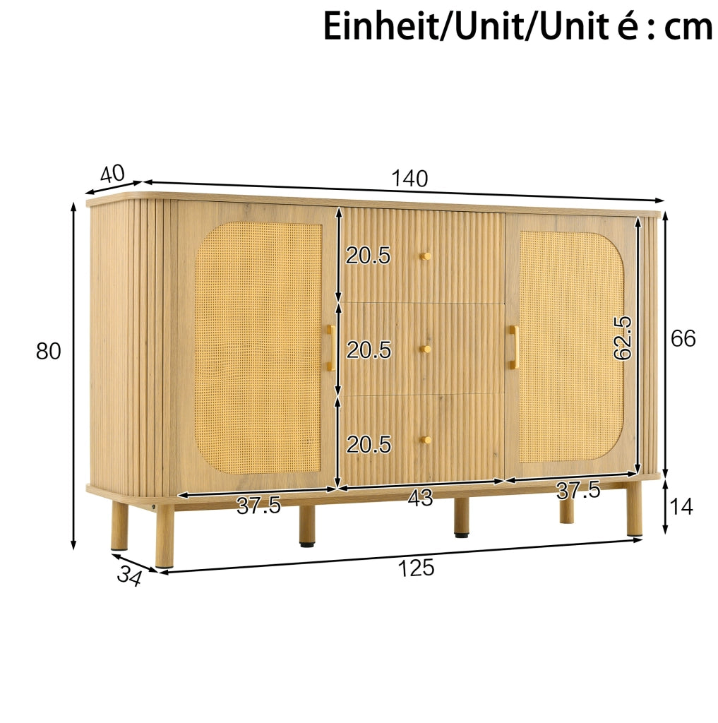 Credenza moderna 140 cm con ante in rattan e cassetti