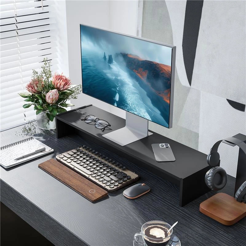 SUPPORTO PER MONITOR CON 2 VANI CONTENITORE IN LEGNO 100X27X15 CM NERO