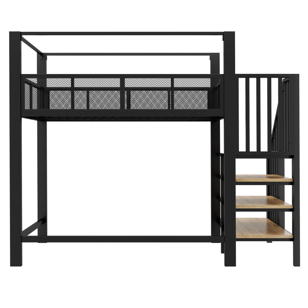 Letto a soppalco 90x200 cm con scala e baldacchino in metallo nero