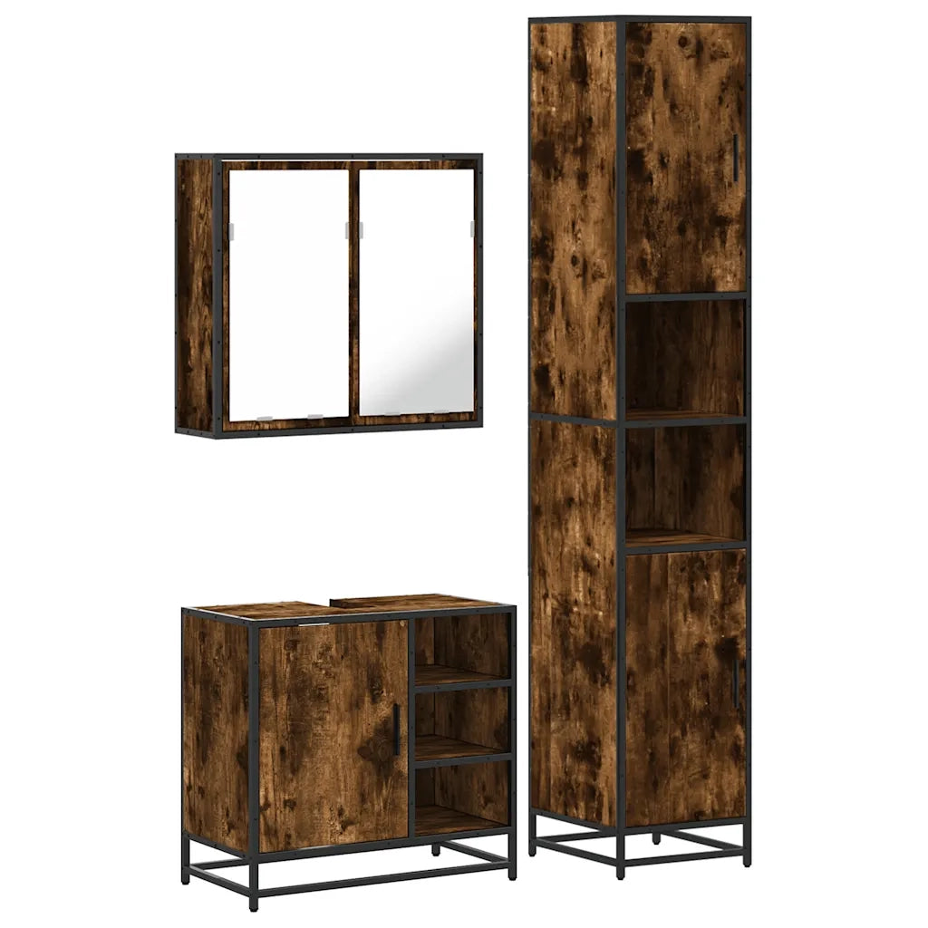 Set Mobili da Bagno 3 pz Rovere Fumo in Legno Multistrato