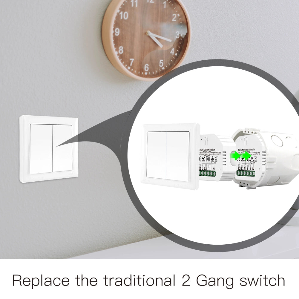 Relè Passo Passo Interruttore WIFI 2.4G+BLE+RF 433MHz, 2 Canali, Bluetooth BLE Mesh TUYA, Smart Life, 10A, AC 90-250V, 50/60HZ, 2200W, 53X48X18mm, IP20, SHB104B