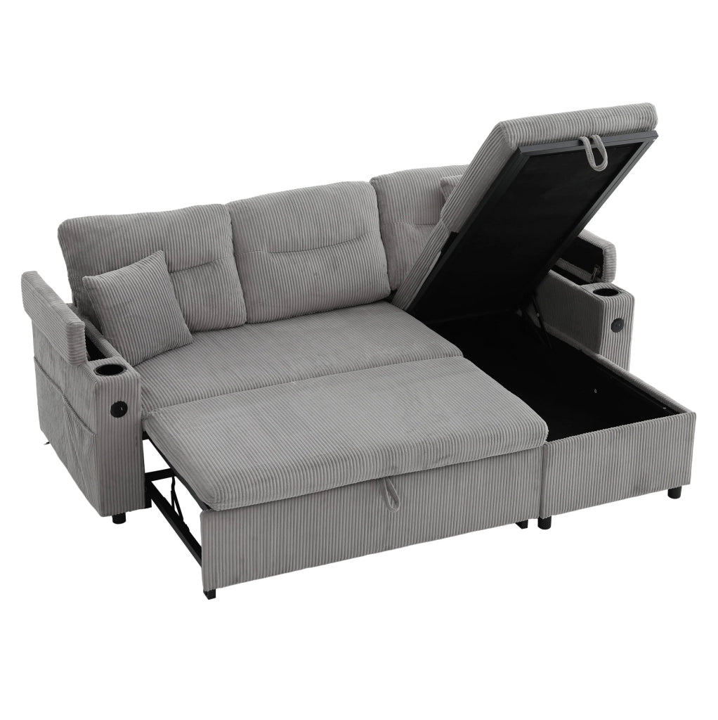 Divano 3 posti con chaise longue idraulica e letto estraibile 212;5x136x86 cm in cord grigio chiaro