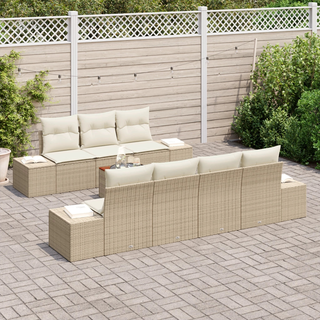 Set Divano da Giardino a 8 Pezzi con Cuscini Beige Polyrattan Acacia