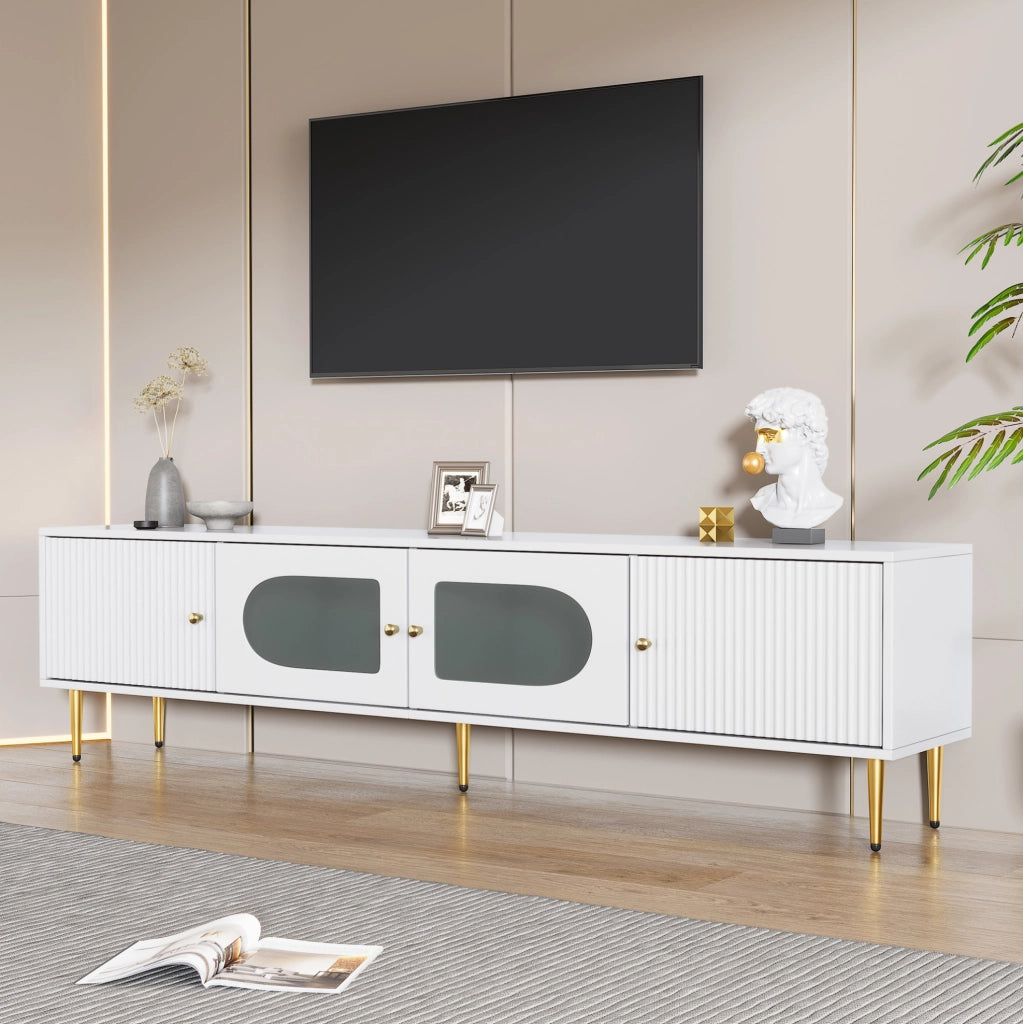Mobile TV 170 cm bianco con ante scanalate e vetro ad arco