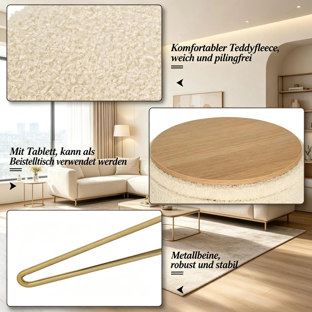 Pouf contenitore Reposapiedi Tavolino con vassoio in MDF, in Teddy Fleece e metallo Beige