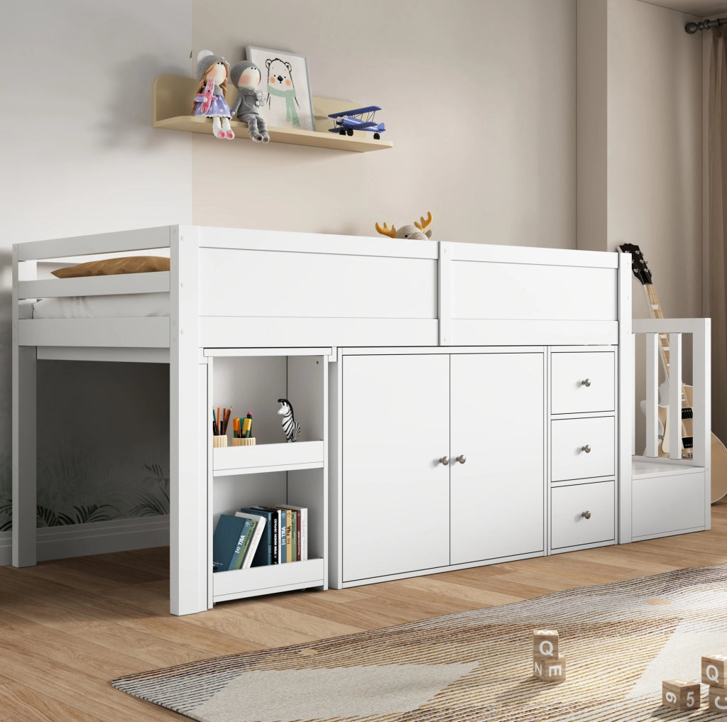 Letto a castello per bambini 90x200 cm in MDF bianco con scrivania estraibile e contenitore