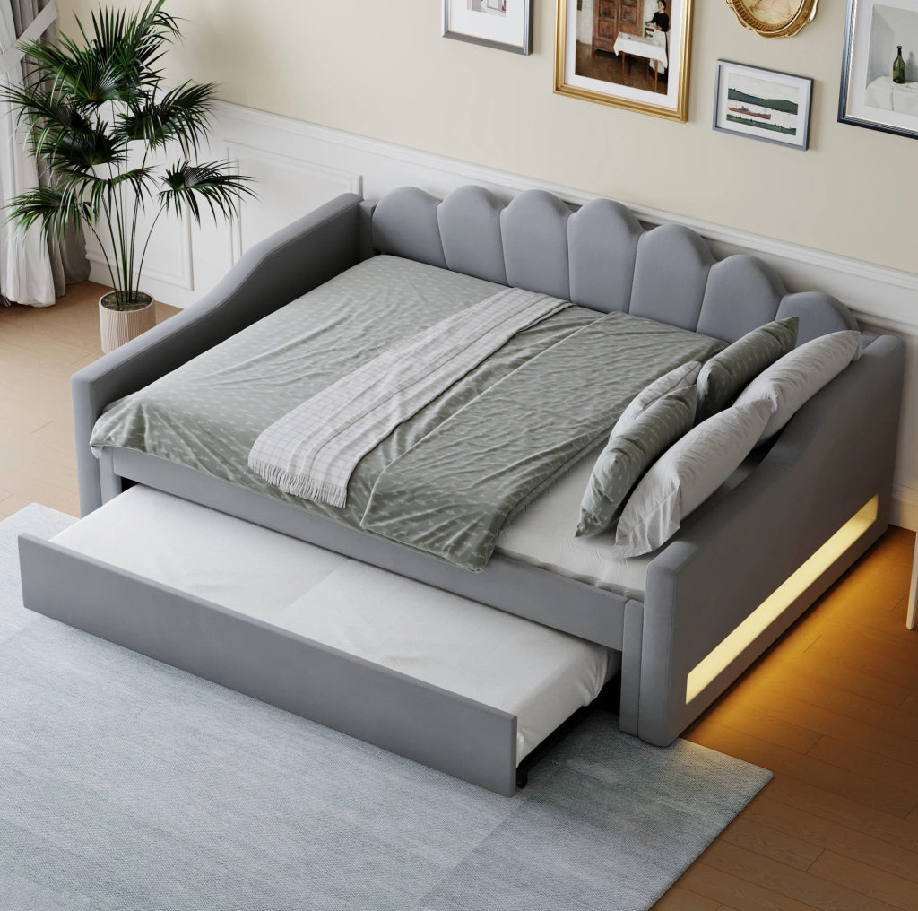 Letto imbottito 140x200 cm con LED e letto estraibile in MDF e compensato grigio