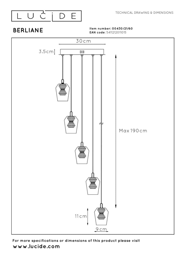Lampada a sospensione BERLIANE LED 5 luci oro nero Lucide